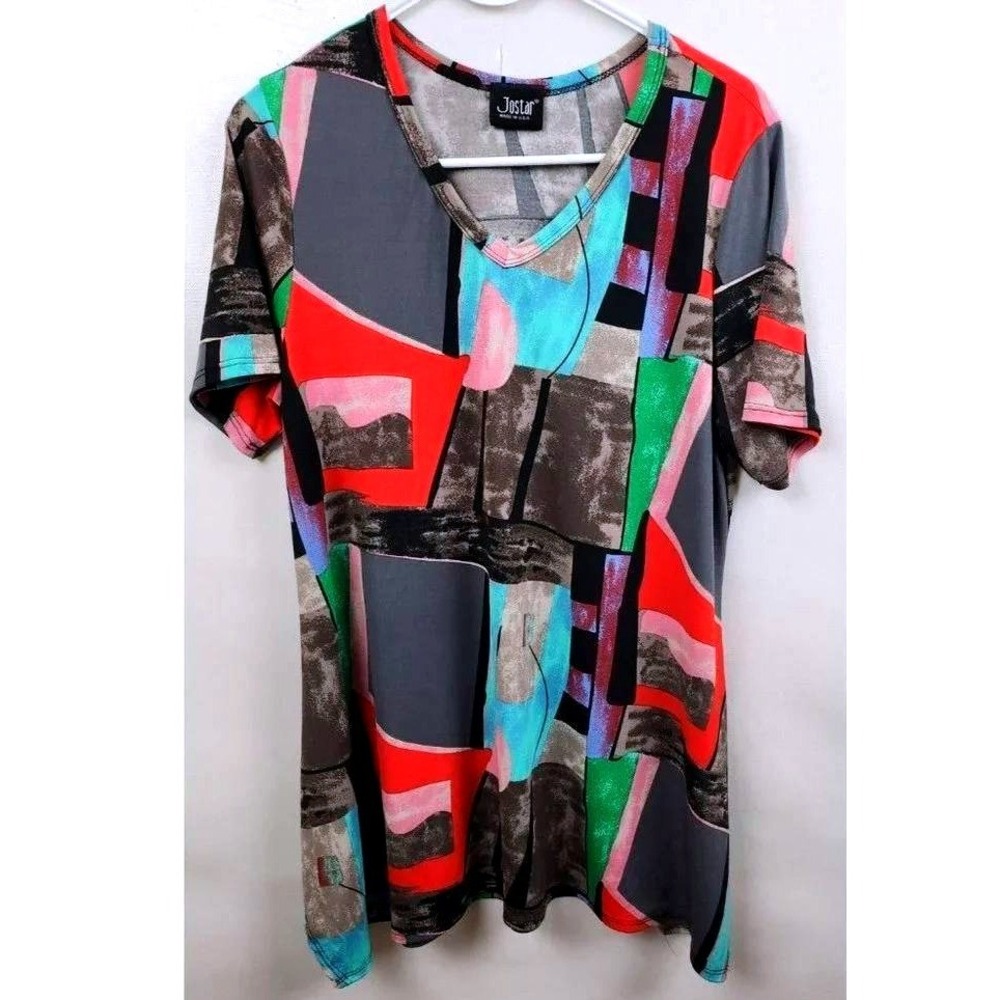 Jostar Wearable Art Tunic Top Womens Small Colorful Abstract Short Sleeve